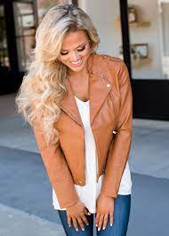 Faux Leather Moto Jacket Cognac Faux Leather Jacket Tan Modern Vintage Boutique Trendy Clothes For Women Faux Leather Moto Jacket Modern Vintage Boutique