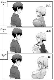 nago purin, sakurai shinichi, uzaki hana, uzaki tsuki, uzaki yanagi,  uzaki-chan wa asobitai!, 1boy, 3girls, 3koma, backpack, bag, blush,  breasts, cleavage, clothes writing, comic, faceless, faceless male, fang,  greyscale, hair over eyes,