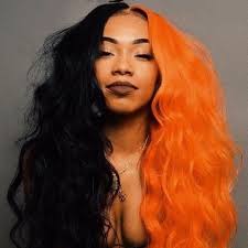 Black And Blonde Split Wig Peruvian Hair Lace Front Wig Half Black With Half Orange Color Body Wavy Hair Color For Black Hair Hair Styles Split Dyed Hair