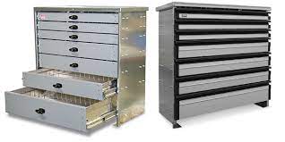 Includes 9 drawers and large bins above the drawers and small bins on the doors. American Eagle Drawer Systems Service Truck Tool Storage