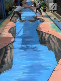 Seni lukis dinding baik itu lukisan dinding 3d atau pun lukis dinding 2 dimensi mampu melengkapi dan menyempurnakan. Foto Kreatif Warga Pamulang Ubah Jalan Jadi Lukisan 3d News Liputan6 Com