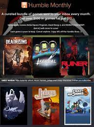 Humble bundle's monthly subscription service offers users a mystery bundle of curated games each month for a low price. Epic Bundle Last Week Humble Monthly May Edition Direct Https Www Humblebundle Com Monthly Partner Eb Confirmed Games For 12 Kerbal Space Program Steam Dead Rising 4 Steam Ruiner Steam Moon Hunters Steam Crazy Machines
