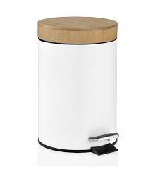 poubelle de salle de bain en metal blanc couvercle bambou a pedale poubelle salle de bain accessoires salle de bain salle de bain bois