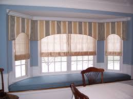 Maybe you would like to learn more about one of these? Continuous Flat Valance Along Large Bay Window With Sheer Roman Shades Underneath Coordinating Fabric Bay Window Treatments Window Seat Cushions Bay Window