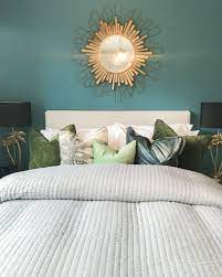 This bedroom is mostly teal with just a couple pops of pink worked in to soften the look. Teal And Gold Botanical New Build Bedroom Teal Bedroom Bedroom Interior Design