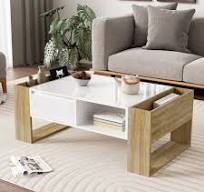 Table Basse Moderne 105 x 60 x 40 cm – Design Élégant en Bois et Blanc,  Surface Haute Brillance, Rangement Pratique avec Tiroirs et Compartiments