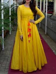 Designer cotton bandhani dress material with jacquard big border. Simple Yellow Dress Design Full Sleeve Gowns Frock For Women Indian Gowns Dresses