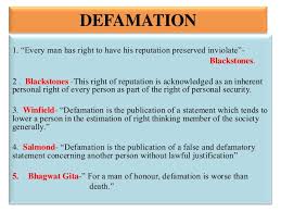 Statements about another which damages his or her reputation. Defamation