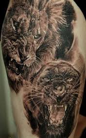 3d Realistic Lion And Black Panther Tattoo Panther Tattoo Black Panther Tattoo Animal Tattoos