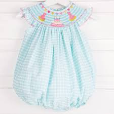 Birthday Smocked Bubble Aqua Gingham Smocked Baby Clothes