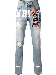 Classic indigo blue jeans are joined by white, black and grey jeans in multiple different fits. Off White C O Virgil Abloh Printed Distressed Jeans In Blue For Men Lyst