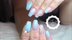 A set of baby blue nails for my clients baby shower! Acrylic Baby Blue Nails With Crystal Glitter Gel And Swarovski Crystals Youtube