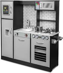 Keep all accessories neat and handy with the pegs for hanging utensils and the side towel rack. Amazon Com Jumbl Kitchen Set Pretend Wooden Play Kitchen Realistic Design Interactive Battery Operated Sound Elements Includes Microwave Ice Machine Chalkboard Fridge Accessories Charcoal Toys Games