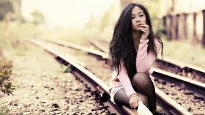 women model brunette long hair asian women outdoors jean shorts stockings sitting sweater railway depth of field wallpapers hd desktop and mobile backgrounds women model brunette long hair asian