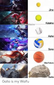Make your own images with our meme generator or animated gif maker. Jinx Katarina Oaerykaiarinar Ashe Sona Miss Fortune Galio Galio Is My Waifu League Of Legends Meme On Me Me