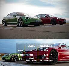 Tesla's model s performance raven weighs 129kg less than the taycan turbo s, but with the power output differences, the ev's are pitted against each other as fair porsche's entry finished the ¼ mile run in just 10.69 seconds, whereas the tesla model s performance raven finished in 11.08 seconds. Top Gear Pits Porsche Taycan Turbo S Against Tesla Model S In The Ultimate Electric Car Showdown Techeblog