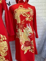 Traditional Vietnamese Wedding Ao Dai in red with gold printed patterns  dragons/phoenix - optional head piece - couple or single
