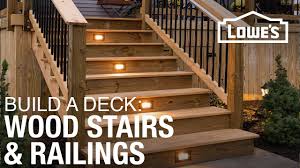 Deck stair handrails height should be at least 34 vertical inches from stair tread nosing to the top of the stair handrail. How To Build A Deck Wood Stairs And Stair Railings