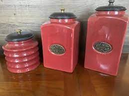 Round ceramic coffee jar with lid rooster. Red Ceramic Kitchen Canister Sets For Sale Ebay