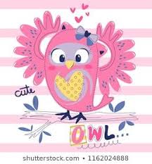 Cute Pink Owl Girl On The Branch On Striped Background Illustration Vector Desenler Baski Bebek Tasarimi