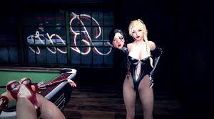 1boy 2girls 3d against wall animated arm grab asian asian female  bad end bakchoi beheaded bent over black hair blonde hair blood bouncing  breasts breast grab breasts bunny girl