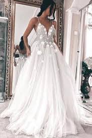 A Line Spaghetti Straps Floor Length Tulle Prom Wedding Dress With Appliques White Tulle Wedding Dress White Bridesmaid Dresses Tulle Wedding Dress