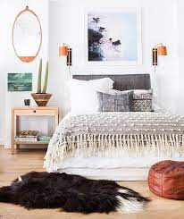 Bohemian Bedroom With Grays Blues Creams White And Brown Potted Plant Light Washed Wood Night Stand Fringe Th Creative Bedroom Home Bedroom Bedroom Decor