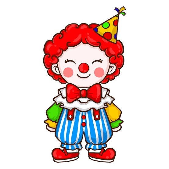 Ilustração de um palhaço infantil sorridente, com cabelos cacheados vermelhos, nariz vermelho e bochechas rosadas. Ele usa chapéu de festa colorido, gravata borboleta vermelha, gola branca com babados, roupa listrada em azul e branco, mangas verdes e amarelas e sapatos vermelhos. O personagem está de pé, sobre fundo branco.