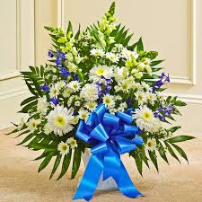 We at apple blossoms tampa create unique designs for weddings, parties, and events. Blue White Sympathy Floor Basket Flowers The Sympathy Store