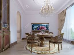 Dining room is a great place to keep your fish, and the number of fishes are good too. Luxurious Wooden Dining Table And Four Chairs In The Dining Room With Sideboard And Aquarium Carved Wood 3d Rendering Stock Photo Picture And Royalty Free Image Image 113380191