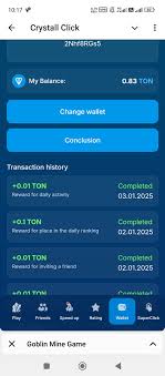https://t.me/crystalton_bot/crystalize?startapp=userdata340716utm_sourceFriendsPageutm_campaignInAppReferrals  Crystal Click is the first telegram game with payment for tasks in TON.  Upgrade your crystal and withdraw it to your wallet!