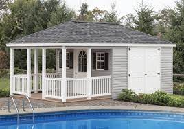 A pool house that functions as a guest house will typically have standard home amenities that can be used by guests, such as a kitchen, bathroom, living area, and even bedrooms. Pool House Storage Sheds Prefab Pool Houses