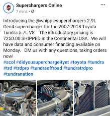 Ffv, trd supercharger, bullydog ffv tune, 2014 fit kit, trd dual exhaust, sequoia front sway bar, trd rear sway bar, trd skid plate, trd pro grill, 040 white mirror covers, 040 white door handles, ready lift 3/2, anzo 3rd brake light, winjet led tail lights, led fog lights, led rock lights, axle vent mod, sdhq hidden winch mount, 12,000lb winch. Whipple Supercharger Now Available Toyota Tundra Forum