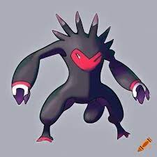A bipedal pokémon with a humanoid shape and a dark, ominous appearance. it  is primarily black in color, with white accents and glowing red eyes. it  has long, thin arms that end