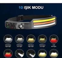 Kafa Feneri Cob Led Hareket Sensörlü Şarjlı Kafa Lambası 10 Modlu Flaşör  Çakarlı Suya Dayanıklı