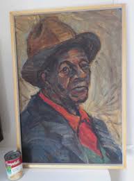 Vintage African American , BLACK MAN in Suit & Brown Hat, Expressionist,  Large Oil Portrait PAINTING, C1940-50s , 18 3/4 X 26 3/4 In.