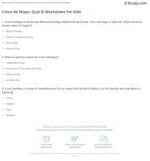 Many people mistakenly think that cinco de mayo celebrates mexican independence, much like in. Cinco De Mayo Quiz Worksheet For Kids Study Com