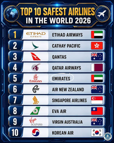 ✈️ TOP 10 SAFEST AIRLINES IN THE WORLD 2026 🇦🇪 Etihad Airways tops the list as the world's safest airline in 2026, followed by 🇭🇰 Cathay Pacific and 🇦🇺 Qantas. The ranking