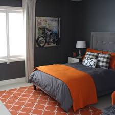 Stylish Orange And Dark Gray Bedding To Cover Gray Painted Kids Rooms Idea With Calm White Detai Grey Bedroom With Pop Of Color Bedroom Orange Bedroom Interior