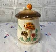 Vintage Merry Mushroom Canister, small size, Sears and Roebuck, mushrooms,  floral, 6" tall