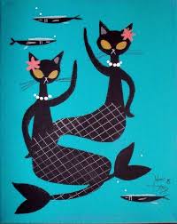 El Gato Gomez Painting Retro 1950s Mermaid Black Cat Kitschy Tiki Bar Hula Girl Modernism Black Cat Art Cat Art Mermaid Art