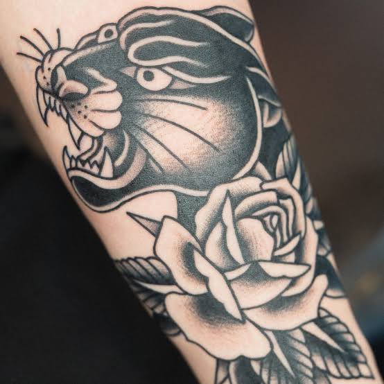 Black Panther Head & Rose Tattoo - GOOD TIMES INK