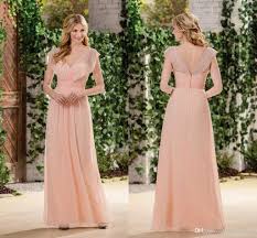 2016 Hot Summer V Neck Long Wedding Dresses Cape Sleeve Blush Peach Chiffon Wedding Gues Popular Wedding Dresses Wedding Guest Gowns Garden Bridesmaids Dresses