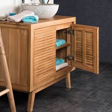 Un meuble double vasque en bambou avec colonne encastré et miroir ! Meuble Salle De Bain En Teck Vintage 90