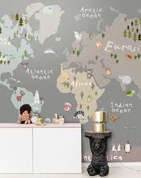 Grey Nursery World Map Wallpaper Cartoon Animals Kids Wall Etsy In 2021 World Map Wallpaper Kids Wall Prints Map Wallpaper