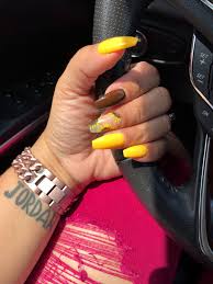 In search for some nail designs and ideas for your nails? Coffin Yellow Flower Design Brown Nails Long Medium Multi Color Yellow Nails Long Acrylic Nails Christmas Nails Acrylic