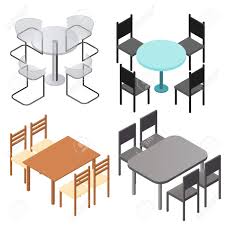 Comedor moderno con mesa de madera y sillas metálicas. Conjunto De Sillas Y Mesas Y Isometrica Plana Productos De Madera Diseno Para La Inter Cocina Salon Cafeteria O Restaurante Diseno De Moda Moderna Aislado En El Fondo Blanco Ilustracion Del Vector