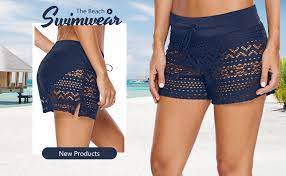 Amazon Com Roskiki Womens Hollow Out Lace Swimsuit Bottoms Solid Stretch Swimwear Shorts Waistband Side Slit Swim Boardshorts Clothing