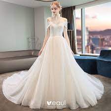 Next ivory lace bodice party wedding dress with bow, 9 years, worn once. Charming Ivory Wedding Dresses 2019 A Line Princess Glitter Lace Tulle Off The Shoulder Short Sleeve Backless Cathedral Train