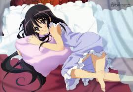 shimazawa noriko, shana, megami magazine, shakugan no shana, absurdres,  highres, non-web source, official art, 1girl, ahoge, barefoot, bed, black  hair, blush, feet, female focus, frilled pillow, frills, legs, long hair,  pajamas, pillow,